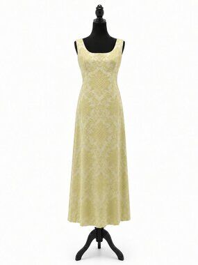 Vintage Sears Fashions Yellow Damask Maxi Dress Bust 36 Sleeveless Formal